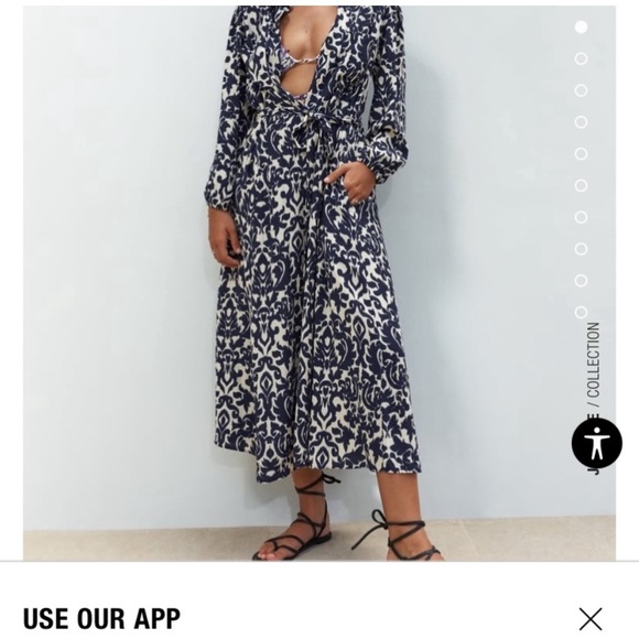 Zara Printed Midi Dress Blue and White Long Sleeve button front with tie waist - Picture 2 of 5